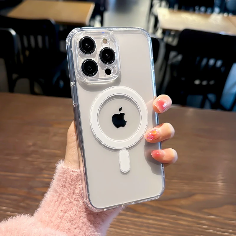Funda transparente para carga inalámbrica Magsafe para Apple iPhone 16 15 14 13 12 11 Pro Max Plus Mini cubierta acrílica magnética a prueba de golpes: nailon