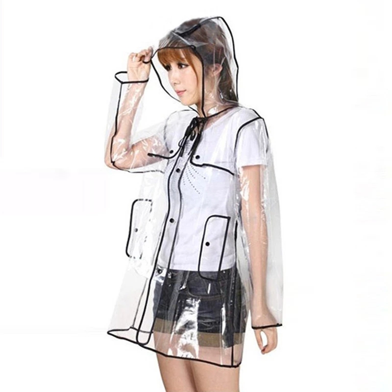 1pc Black Transparent Vinyl Raincoat Runway Style Womens Girls Clear Rain Coat