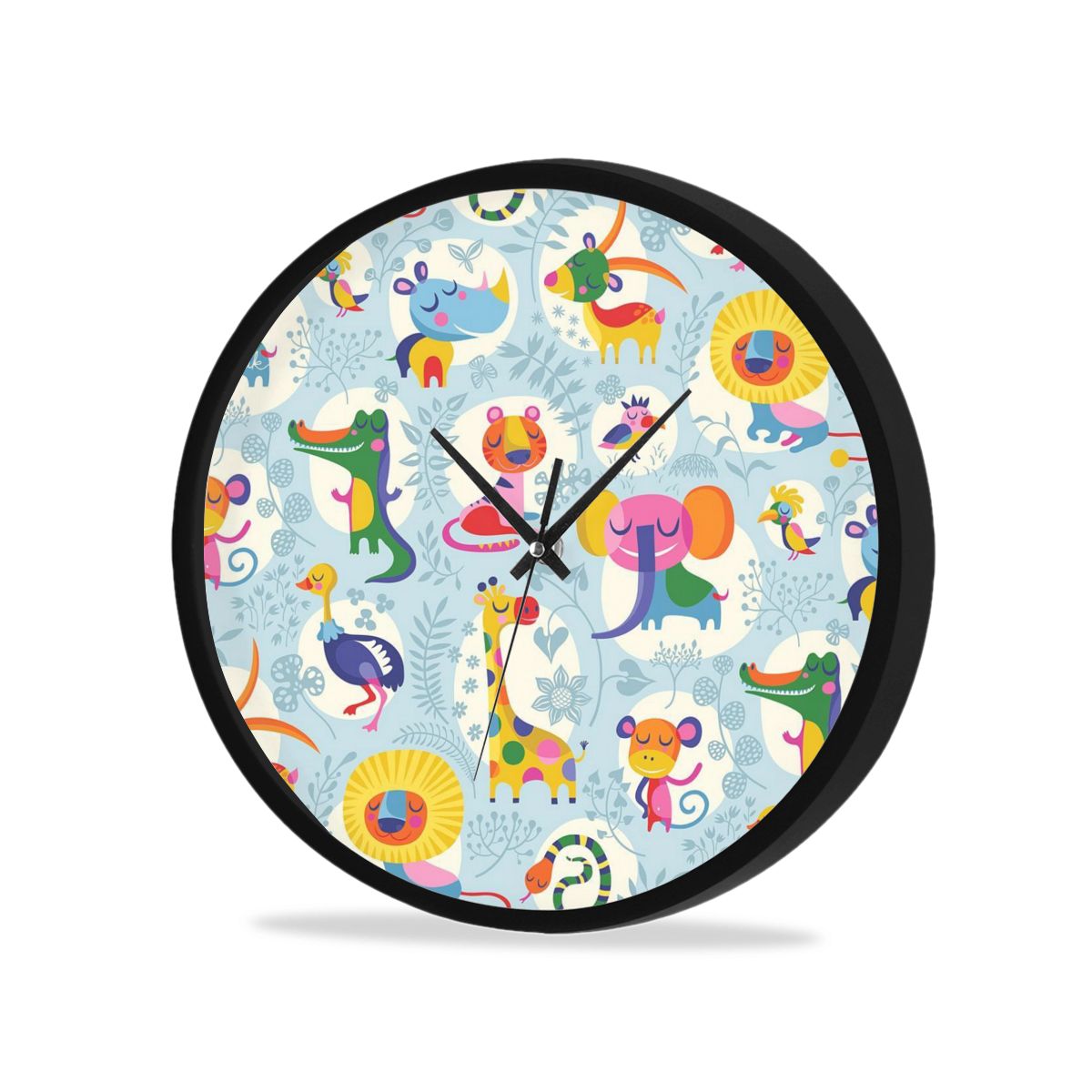 3D printing Animal World Zoo Round wall clock diy quartz watch still life clocks modern home decoration living room: Black1 / 25CM