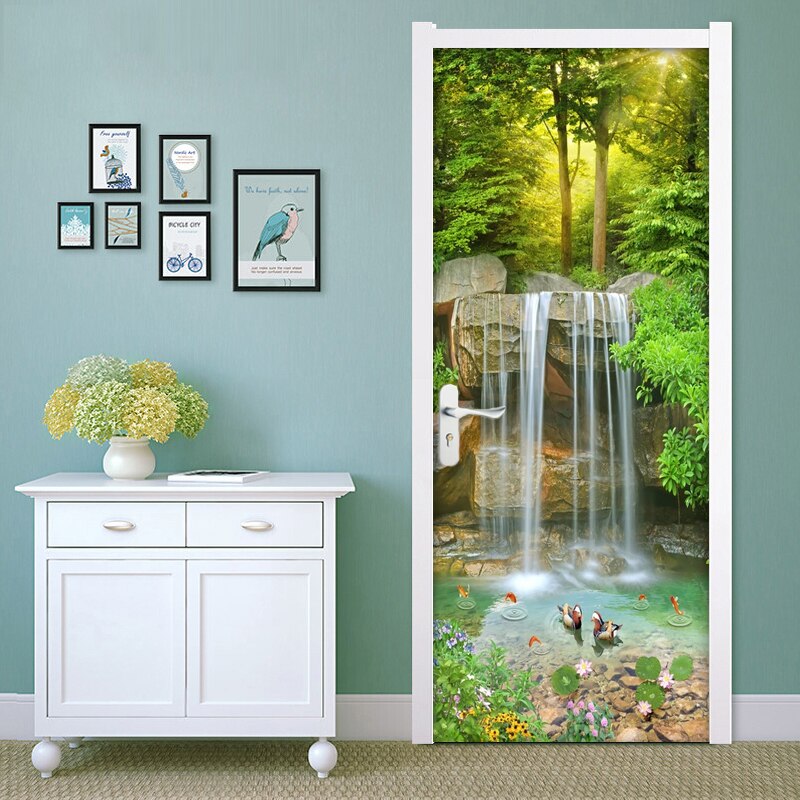 Waterfall 3D Landscape Door Sticker Wall Painting PVC Waterproof Self-adhesive Sticker Living Room Bedroom Door Mural Wallpaper