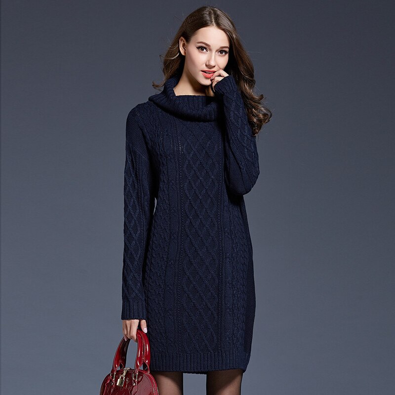 YNZZU Newest Winter Dress Women's Long Sleeve Luxury Solid Turtleneck Warm Wool Sweater Dress Knitted Clothes YD095