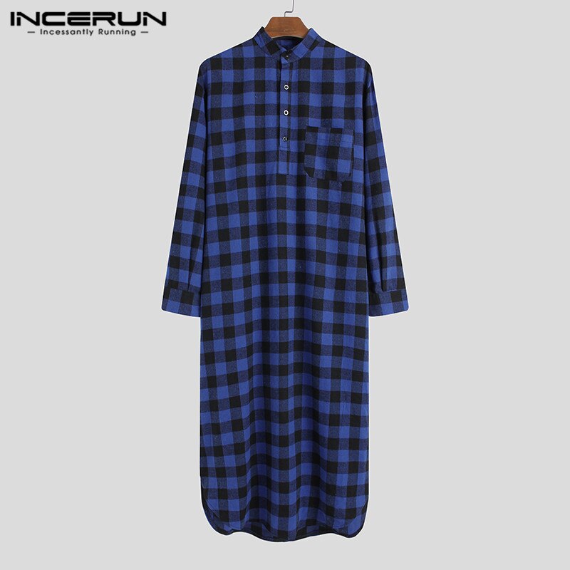 Mannen Slaap Gewaden Plaid Homewear Stand Kraag Lange Mouwen Losse Badjassen Comfortabele Knop Leisure Nachtjapon Mens S-5XL Incerun