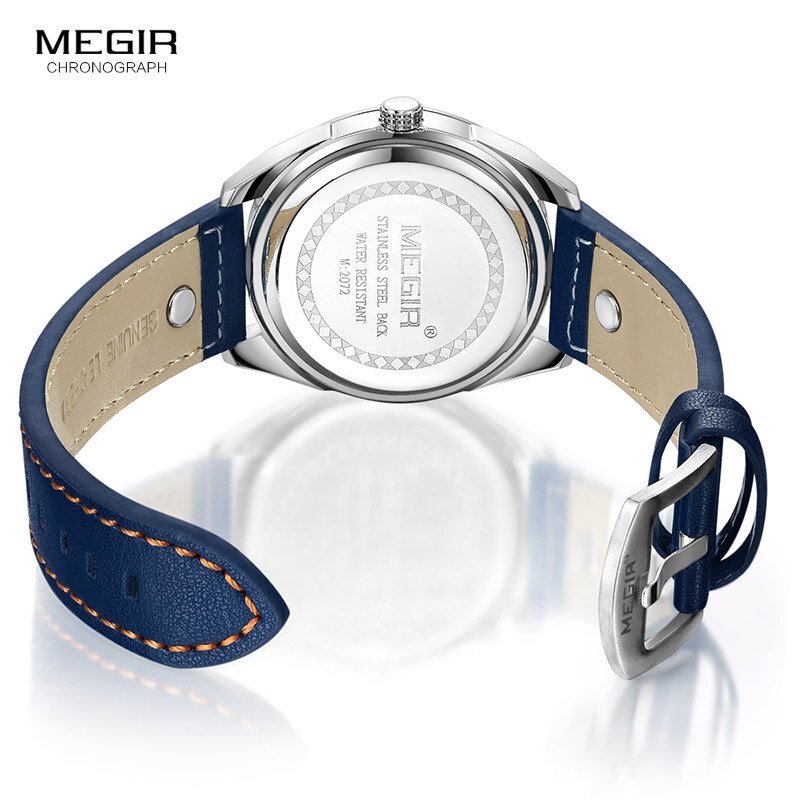 Megir Mannen Mode Lederen Quartz Horloges Met Kalender Datum Week 24-Uur Lichtgevende Horloge Voor Man Jongens Blauw 2072GBE-2