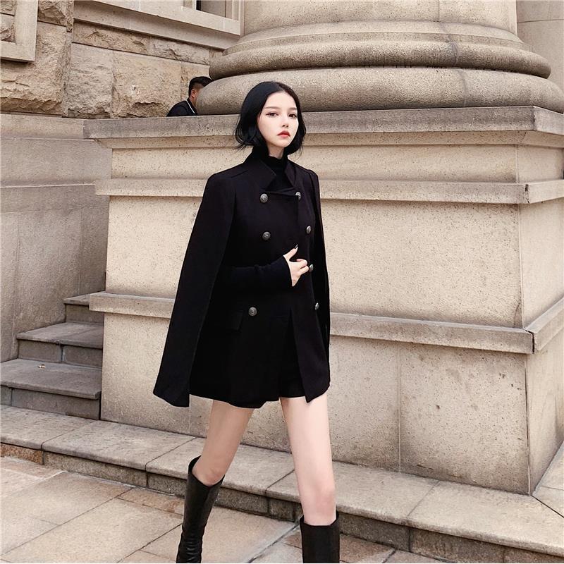 Manteau de cape noir pour femme, en laine, mi-long, col montant, ample, hiver