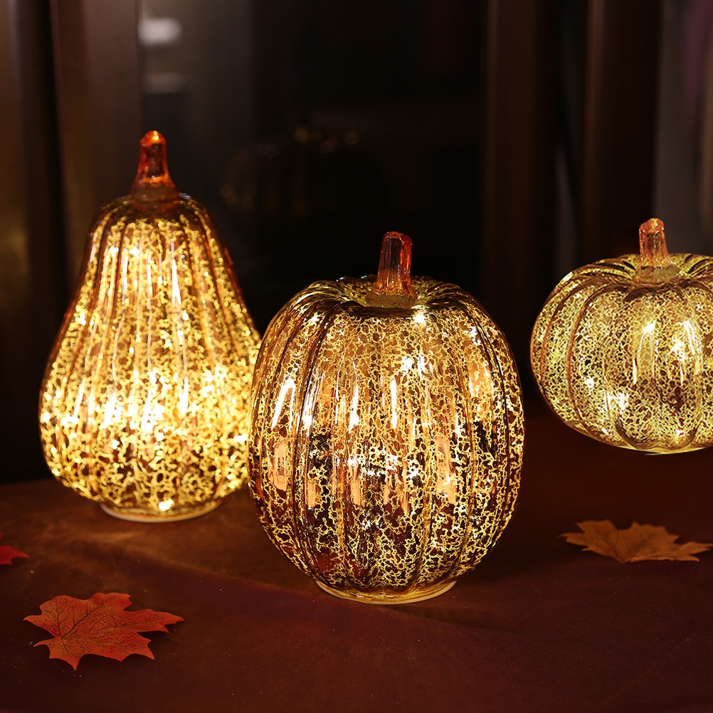 Glas græskar lys led glødende delikat halloween dekorativ lampe festartikler til thanksgiving halloween efterår dekorationer