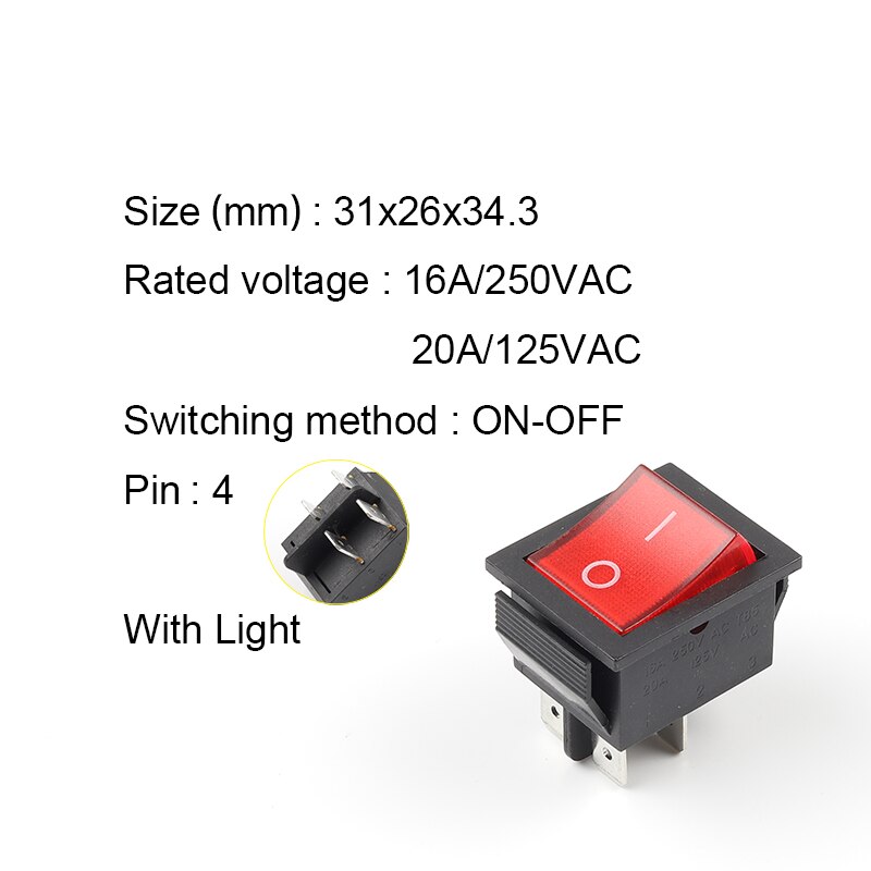 1PCS 4 Pin Rocker Switch ON-OFF Electrical equipment With Light Power Switch 16A 250VAC/ 20A 125VAC KCD4: 4P With Red Light
