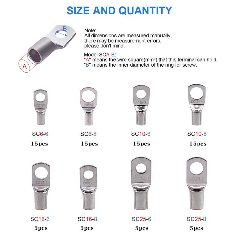 80Pcs Copper Cable Lug Kit Bolt Hole Tinned Cable lugs Battery Terminals copper nose Wire connector SC Ring Terminal Connectors