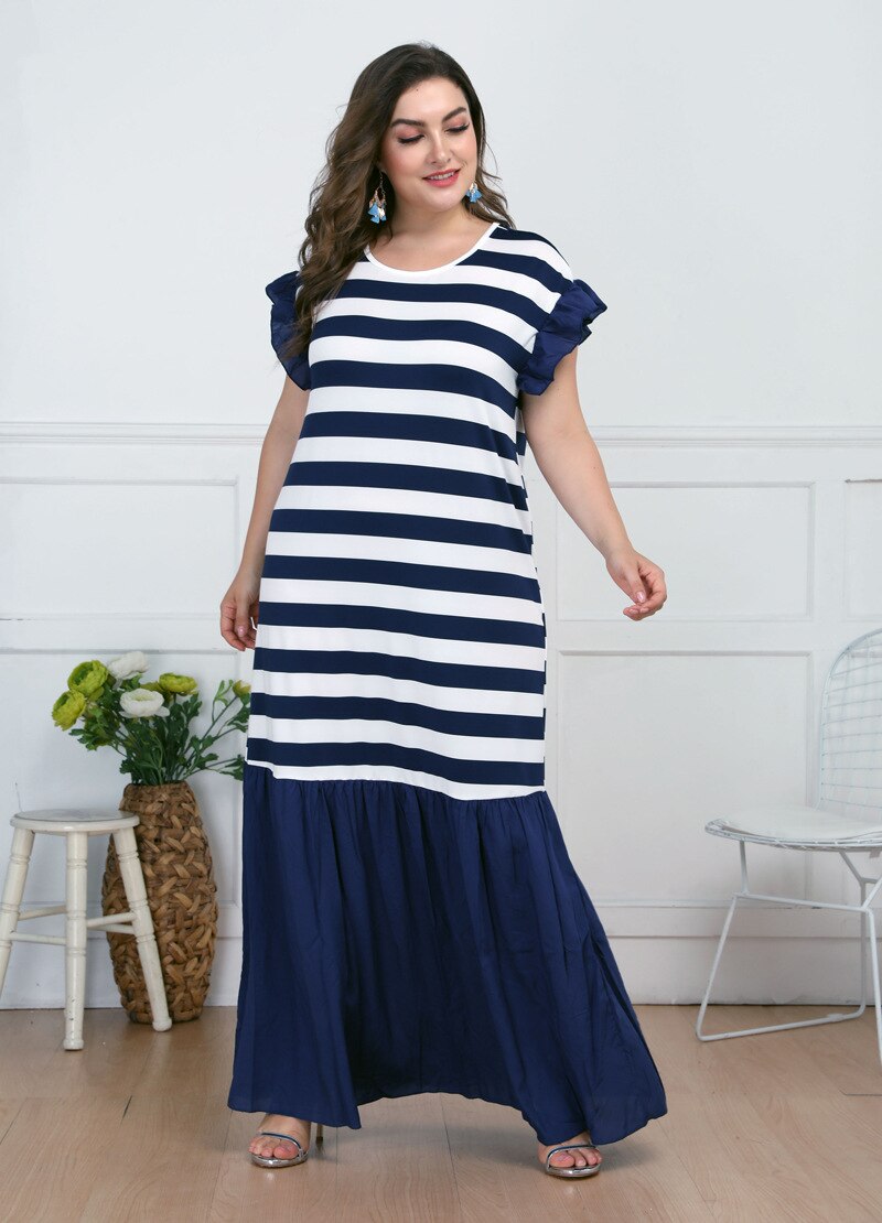 Plus Size Zomer Lange Jurk Vrouwen Zomer Ruches Korte Mouwen Gestreepte Print Patchwork Maxi Lange Jurk Dames Tuniek Strand Jurken