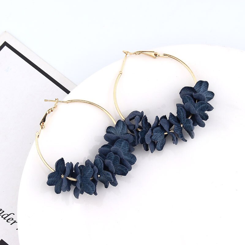 Qingwen Fabric Flower Earrings for Women Colorful Petal Circle Big Fancy Earring Jewelry CE00528: dark blue