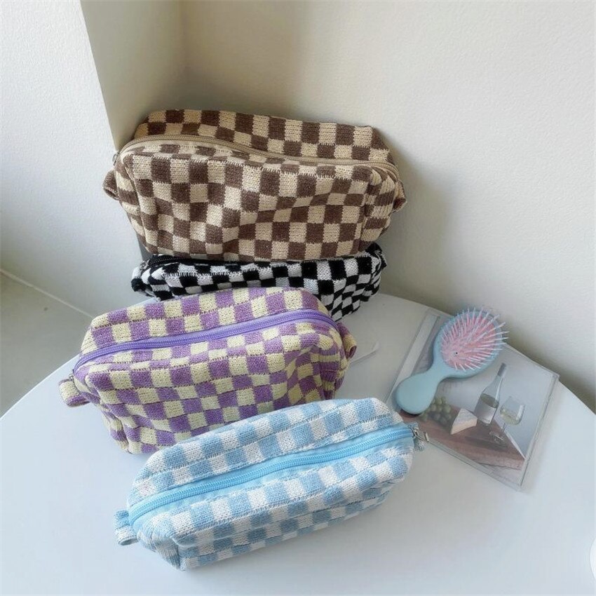 Dambord Rooster Make-Up Tas Gebreide Stof Vrouwen Cosmetische Organizer Rits Beauty Pouch Pols Make Up Pouch Toilettas Case