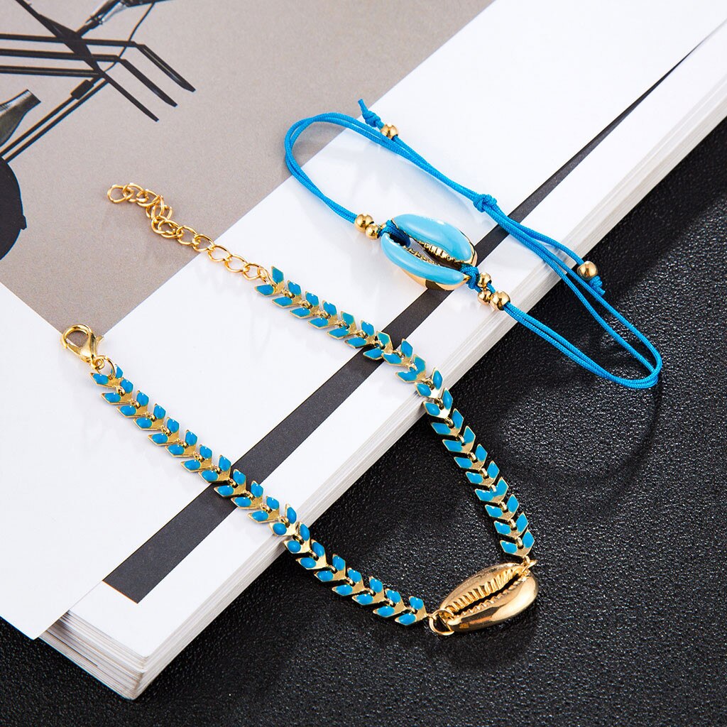 Bohemian Beaded Ankle Bracelets Set Multilayer Sea Shell Charm Knitted Blue Theme Bracelets Women Anklet Foot Jewelry