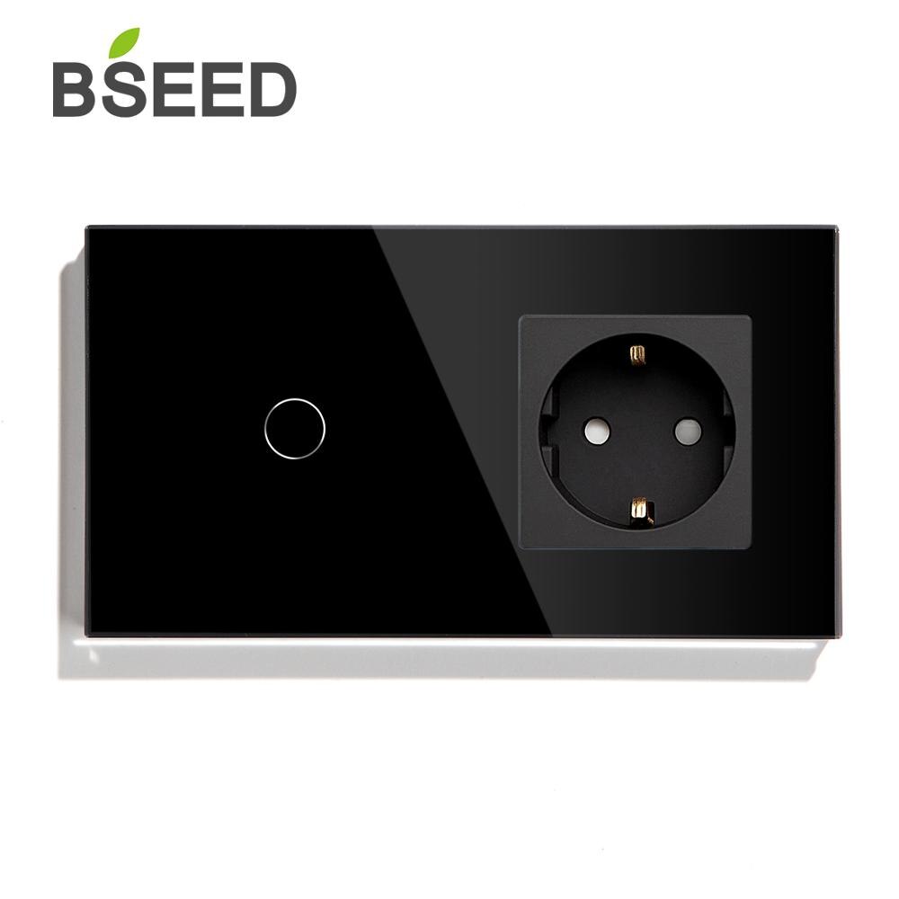 BSEED Touch Light Switch 1 Gang With EU Wall Socket White Black Gold Wall Sensor Switch Crystal Glass Panel For Home