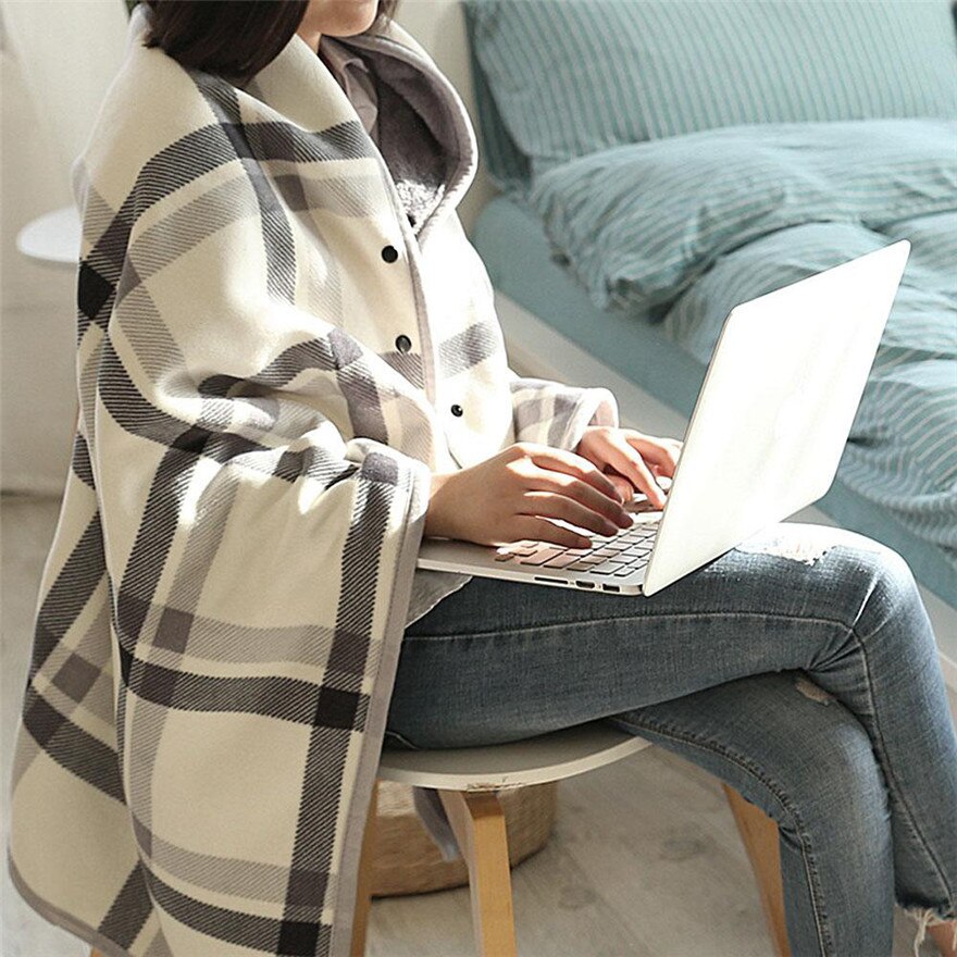 Plaid warm flanel + polar fleece deken kantoor benen knie gooi lui Wrap shawl wearable dikke deken met knop # wqy516: 1