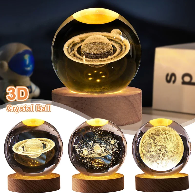 Leuchtende Kristallkugel LED Nachtlicht Saturn Sonnensystem 3D Mond Tischlampe USB Schlafzimmer Atmosphäre Lampe für Geburtstag Kind *