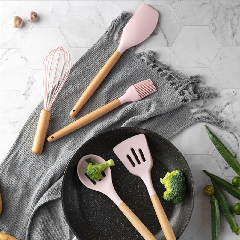 12pcs Kitchen Utensil Set Silicone Cooking Tools Household Wooden Koken Gereedschap Met Opbergdoos Turner Tang Spatel Turner