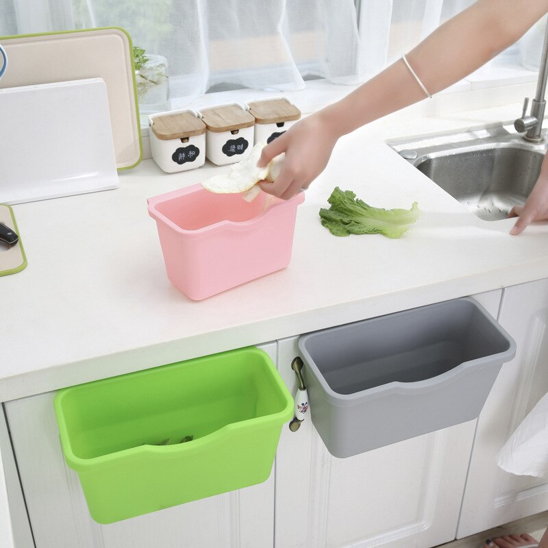 Cesta de plástico para colgar, cubo de basura, caja de almacenamiento, soporte de escritorio para cocina, puerta de armario