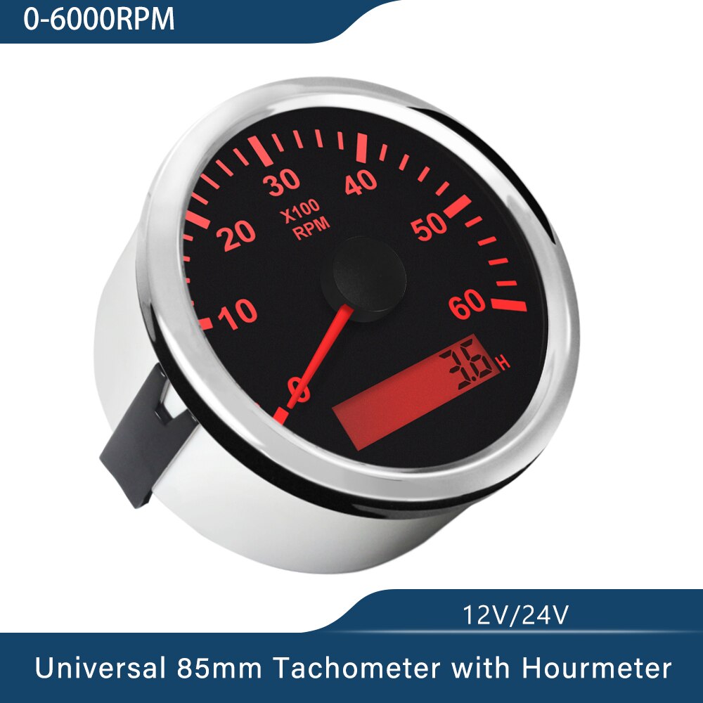 Waterproof 85mm Generator Tachometer RPM REV Counter 0-3000RPM with LED Hourmeter 12V/24V with Red Backlight