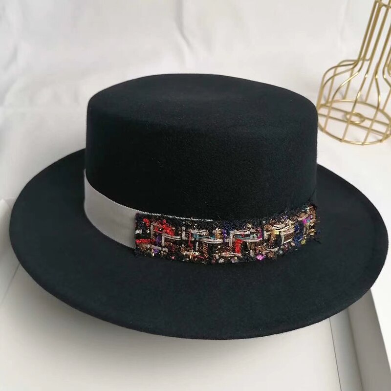 Witte zwarte winterhoed dames jazzhoed band wol panamahoed fader fedora hoed kerk kentucky derby jurk sombrero vrouw: Zwart