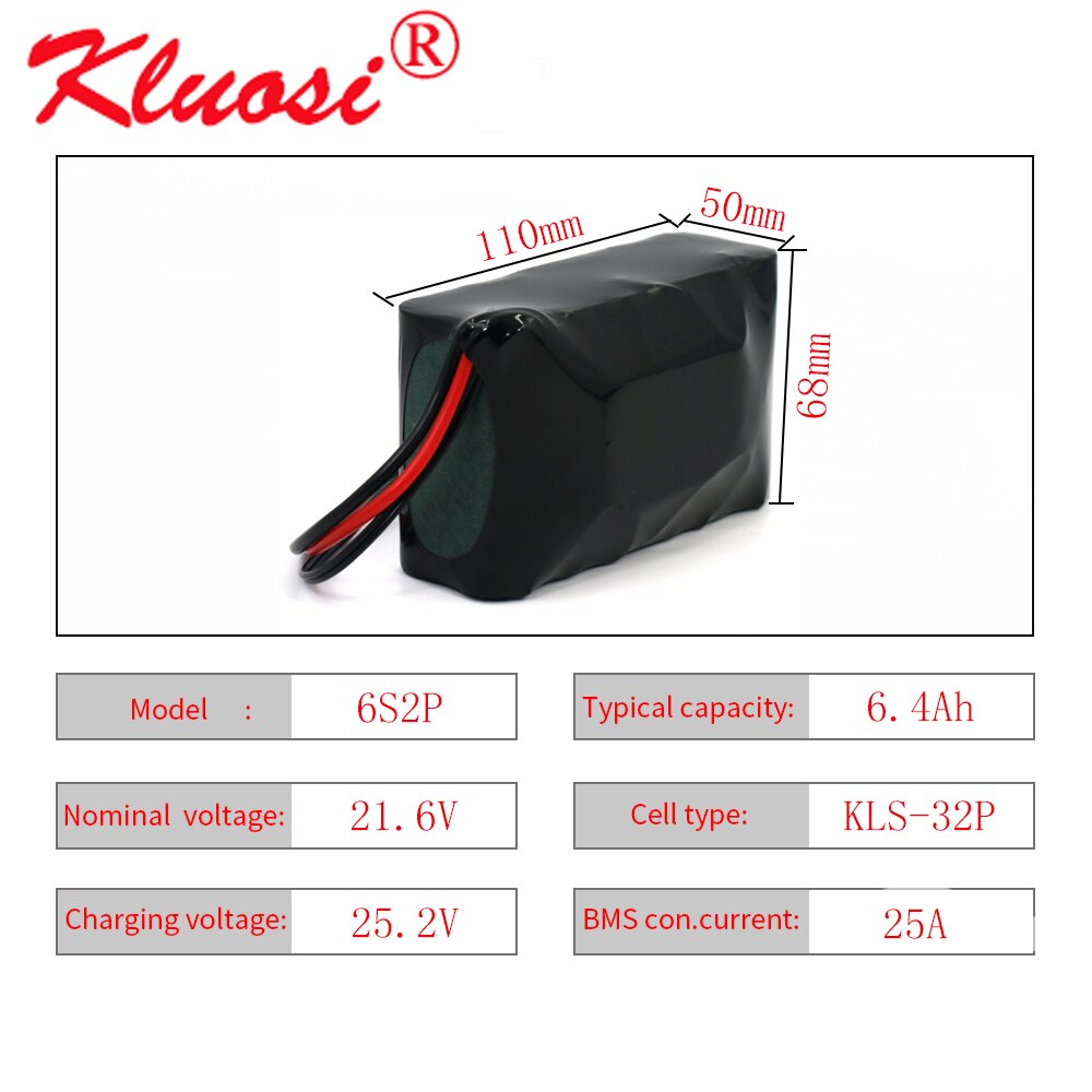 KLUOSI 6S2P 24V 6.4Ah 21.6V 6Ah 25.2V Lithium Battery Pack for Electric Bicycle Ebike Scooter Wheelchair Cropper with 25A BMS