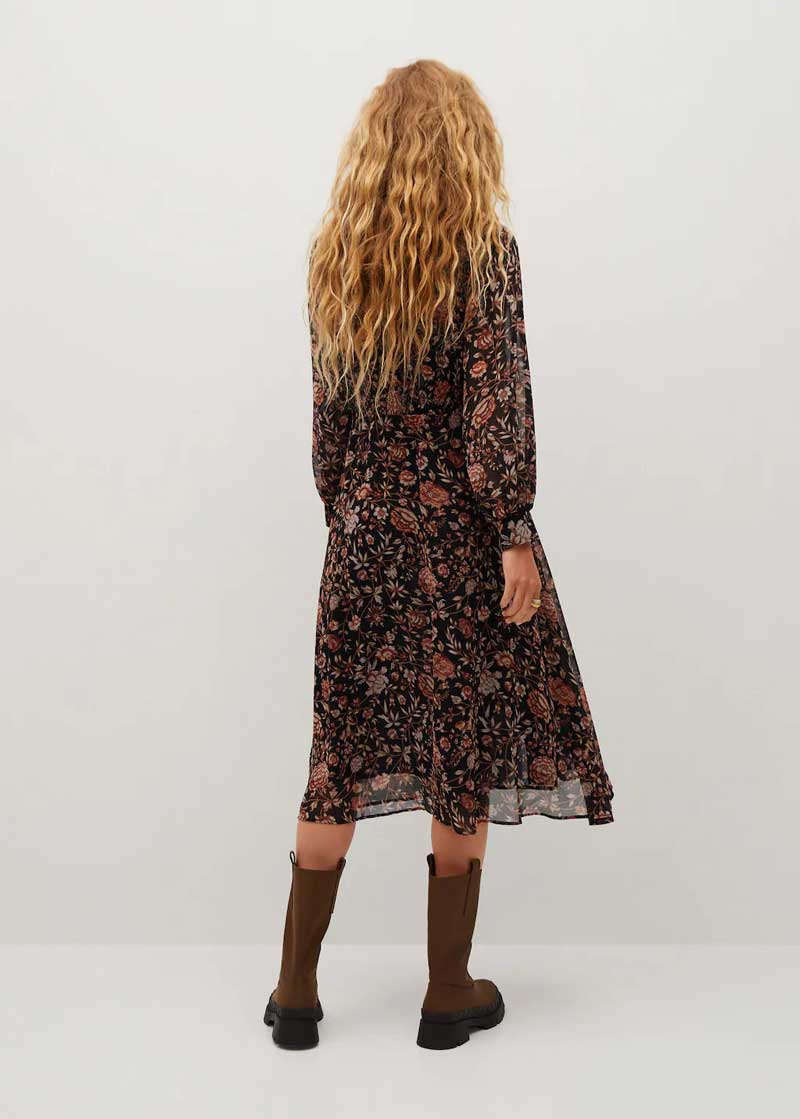 BOHO INSPIRED Floral print dress women V-neck Long sleeve Pleated details boho dress slit front spring summer dress
