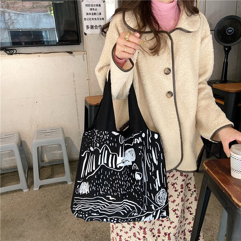 Koreanische einfache illustrationen, große schultertasche für damen, einkaufstasche aus umweltfreundlichem Segeltuch, baumwollstoff, große einkaufstasche für reisen: 4