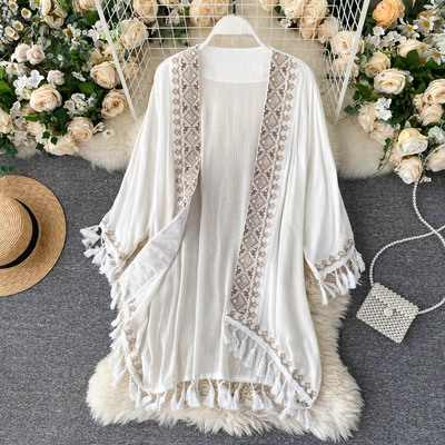 Teelynn Wit Katoen Etnische Borduren Kimono Robe Vrouw Lange Blouse Vest Ssummer Boho Strand Tassle Bohemian Bikini Cover Up: WHITE