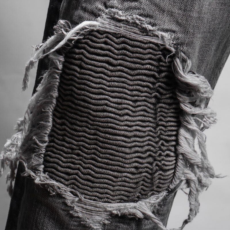 Streetwear heren jeans zwart grijs slim fit destroyed ripped jeans heren patchwork punk broek merk hiphop jeans