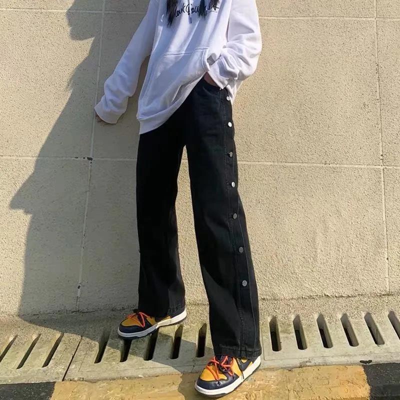 Jean Denim à jambes larges pour femme, pantalon décontracté, taille haute, droit et ample, noir et gris, Vintage, Streetwear