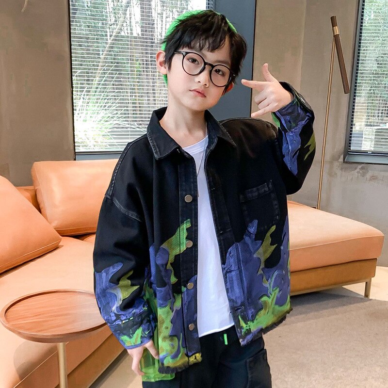 Herfst Jongens Jas Jongen Knop Casual Tops Tiener Jongens Graffiti Gedrukt Zwarte Jas Jongens Revers Zwart Vest 6-14 Jaar Oud