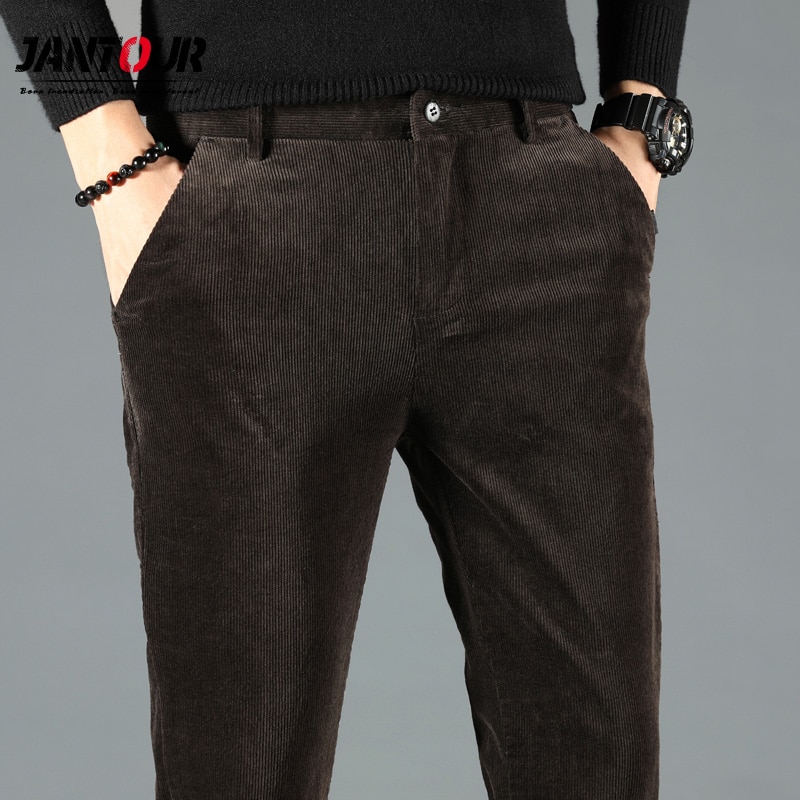 Herfst winter heren jeans slim fit dikke warme corduroy broek fleece broek heren casual zakelijke stijl lange broek heren