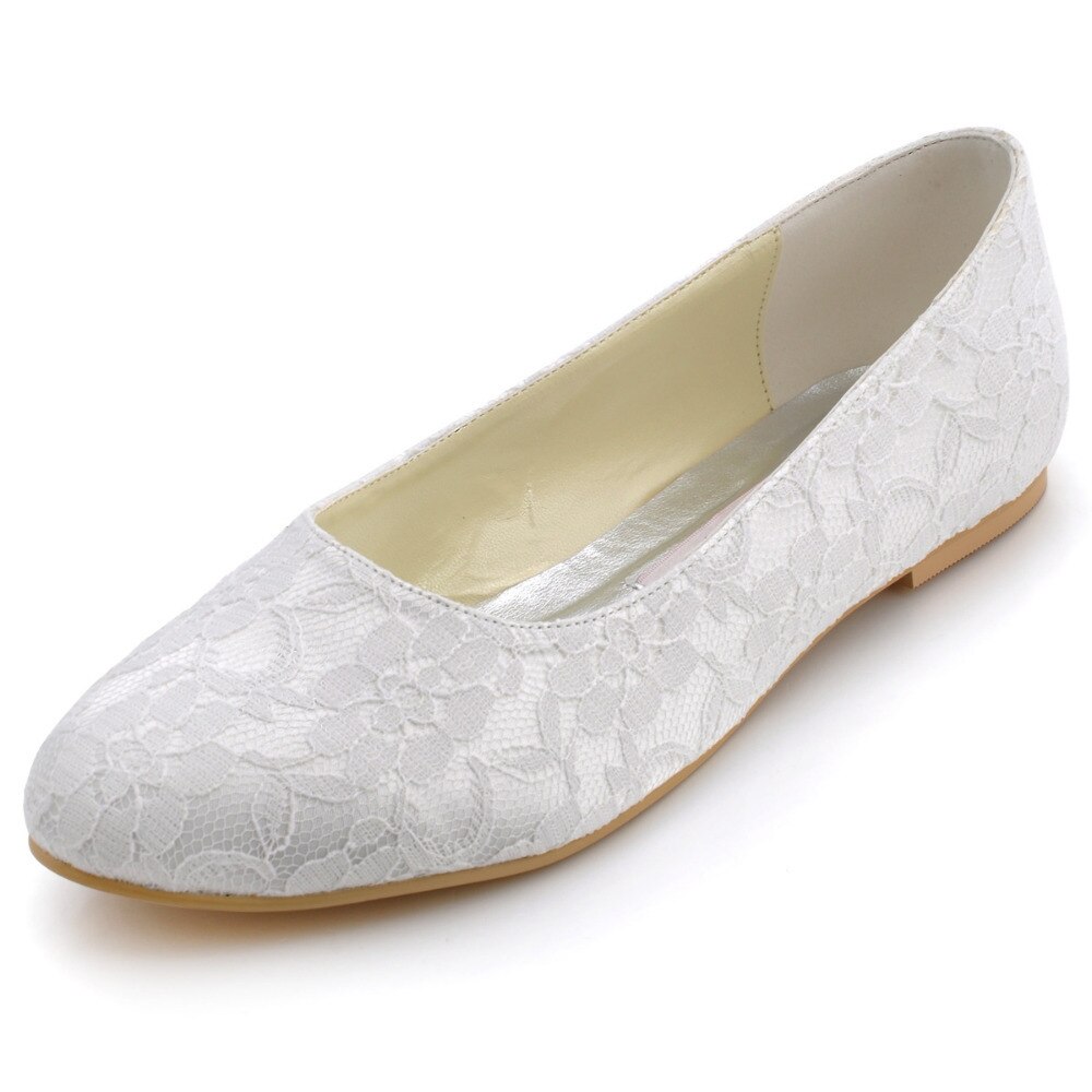 Blanco marfil mujer boda zapatos planos punta cerrada comodidad bailarina Ballets Slip On Lace novia zapatos para mujer EP11106