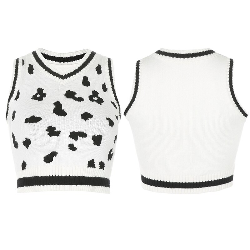 Kobiety mleko krowa nadruk zwierzęta kamizelka z dzianiny dekolt bez rękawów prążkowany wykończenia krótki sweter styl Preppy obcisły sweter sweter szczyt