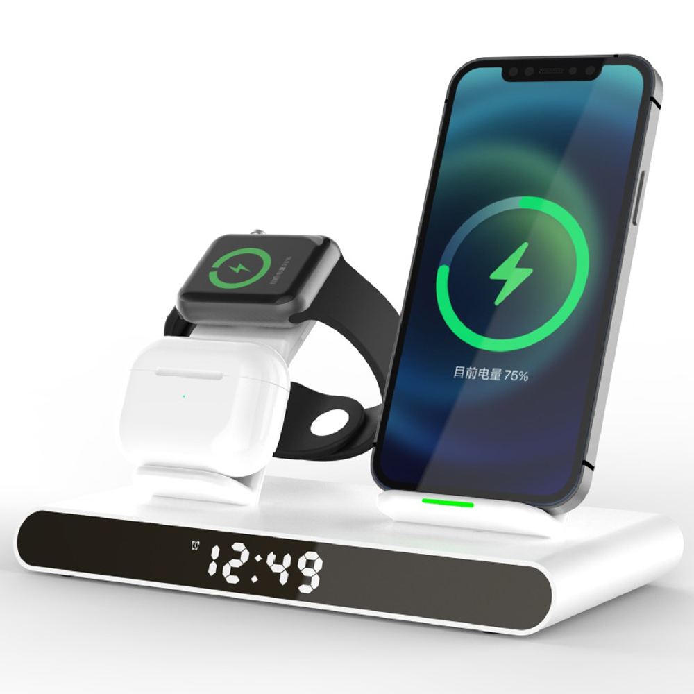 3 in 1 kabellos Ladestation Für iPhone 13 12 11 Profi Max/Apfel Uhr/AirPods LED Digital wecker Drahtlose Ladegerät Stehen