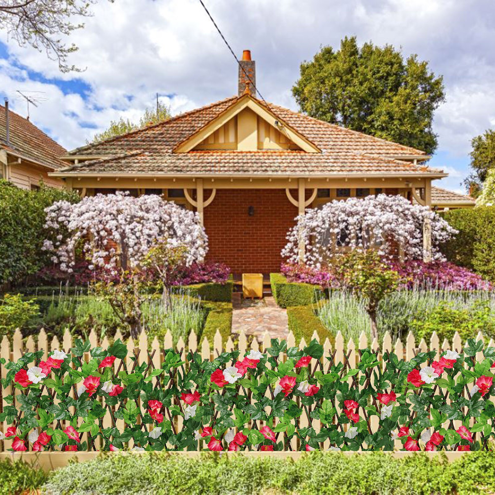 Valla de madera Artificial retráctil con flores, cerca de privacidad para jardín, seto de hoja, Red de madera para restaurantes, decoración de pared