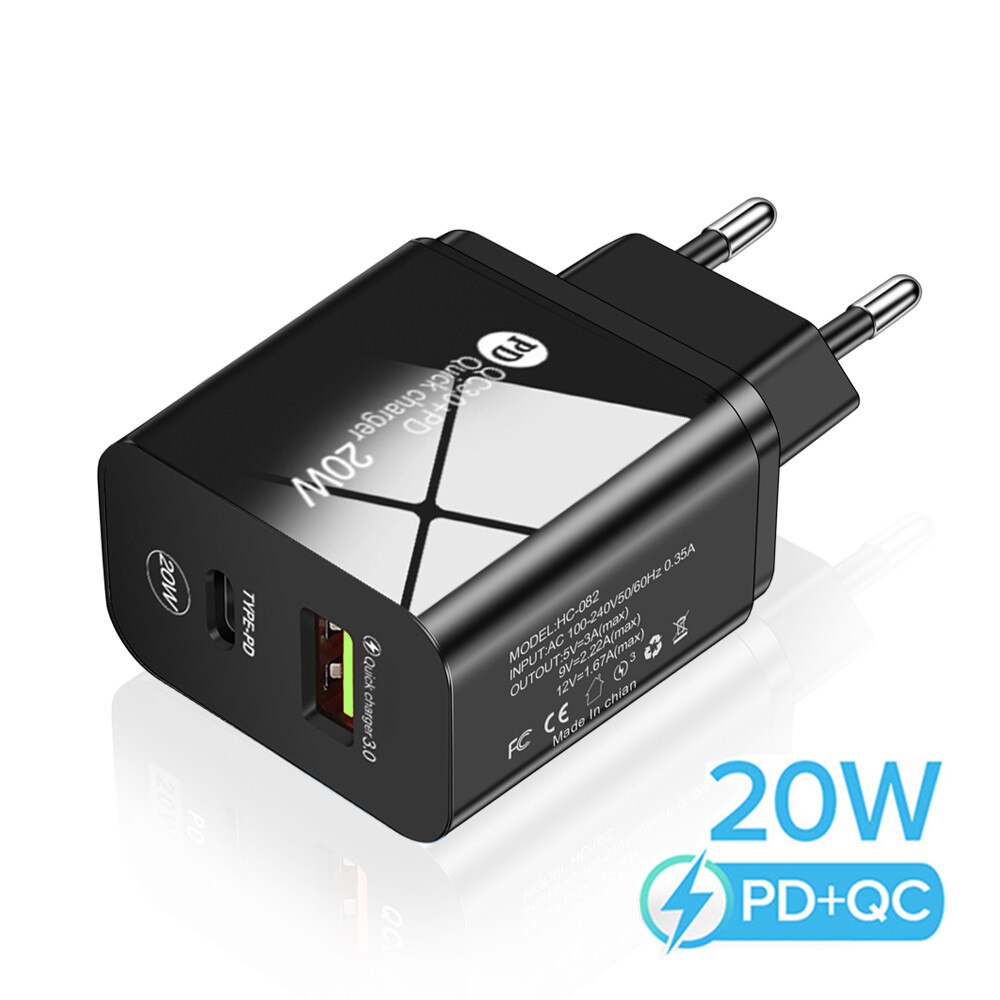 PD 20W ładowarka USB C QC + PD 2 Port LED szybka ładowarka ścienna do telefonu iPhone 13 12 Huawei Xiaomi Samsung szybka ładowarka: Black EU