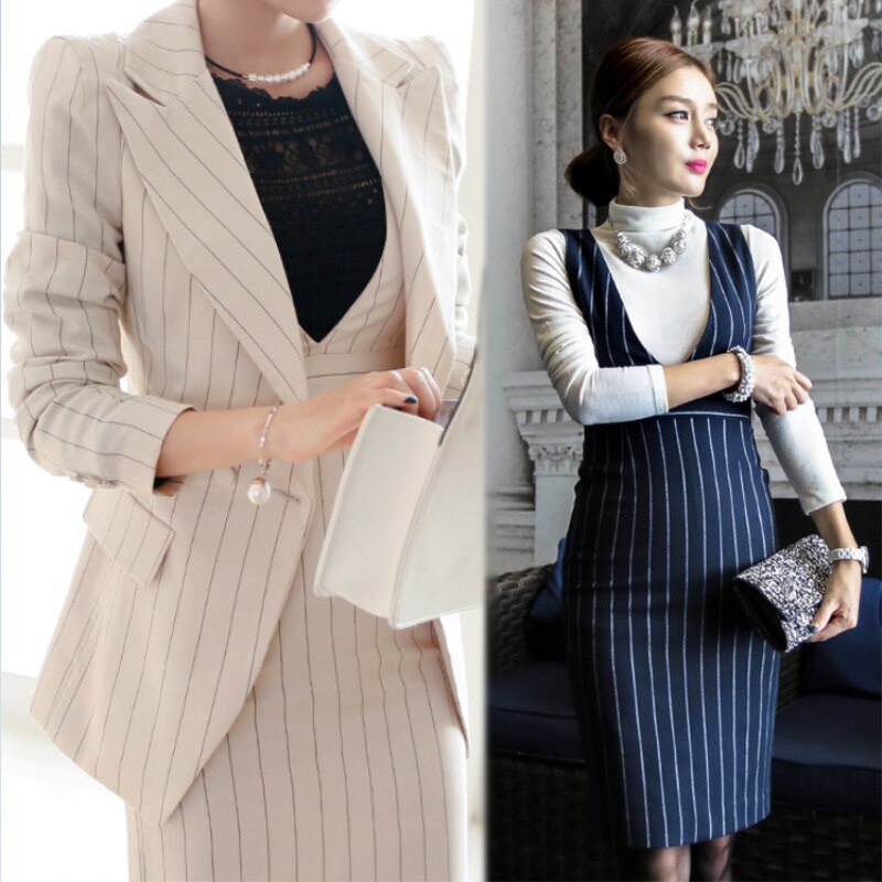 Stripe jakke + ermeløs vest kjole dress vinter dame jakke sett damer 2- deler dress dresser arbeidsdress dame uniformer