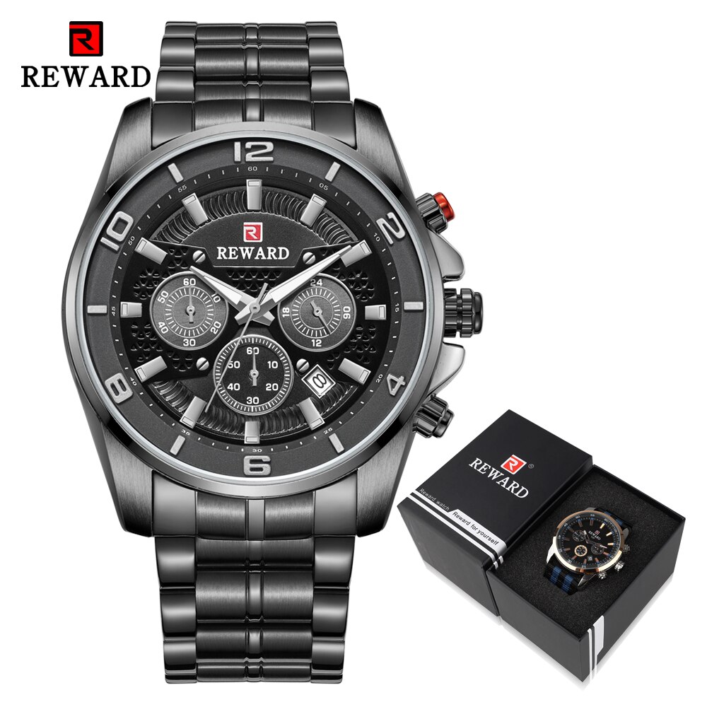 Reward sport chronograaf herenhorloges volledig stalen quartzhorloge grote wijzerplaat waterdicht horloge heren gouden polshorloges relogio masculino: Zwart in doos