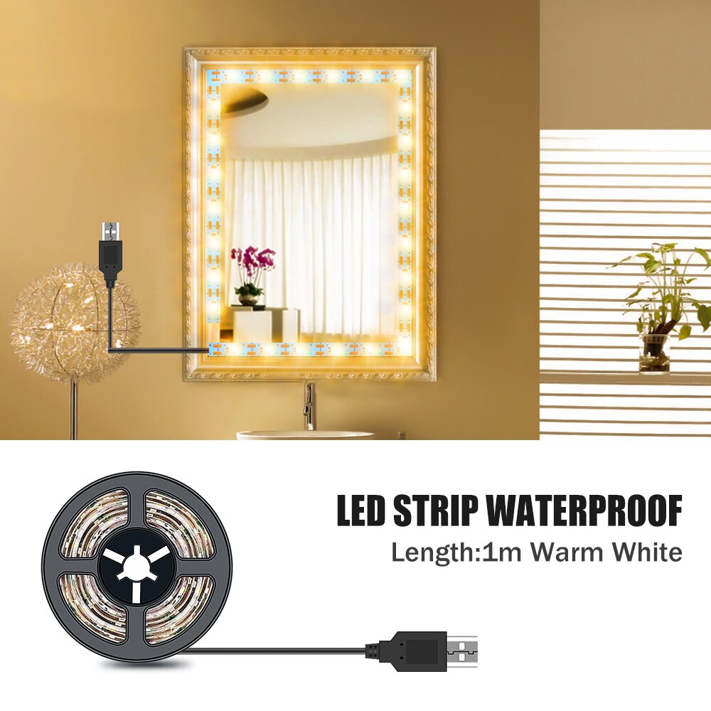 Luz LED para espejo de maquillaje, luces de tocador Hollywood impermeables de 5V, 1M, 2M, 3M, 4M, 5M, para decoración de baño: 1M Warm White