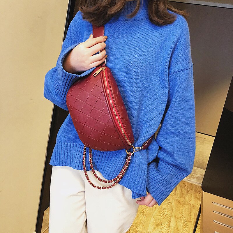 Vintage Ladies PU Leather Shoulder Bags Chains Waist Purse Plaid All-match Women's Chest Bags