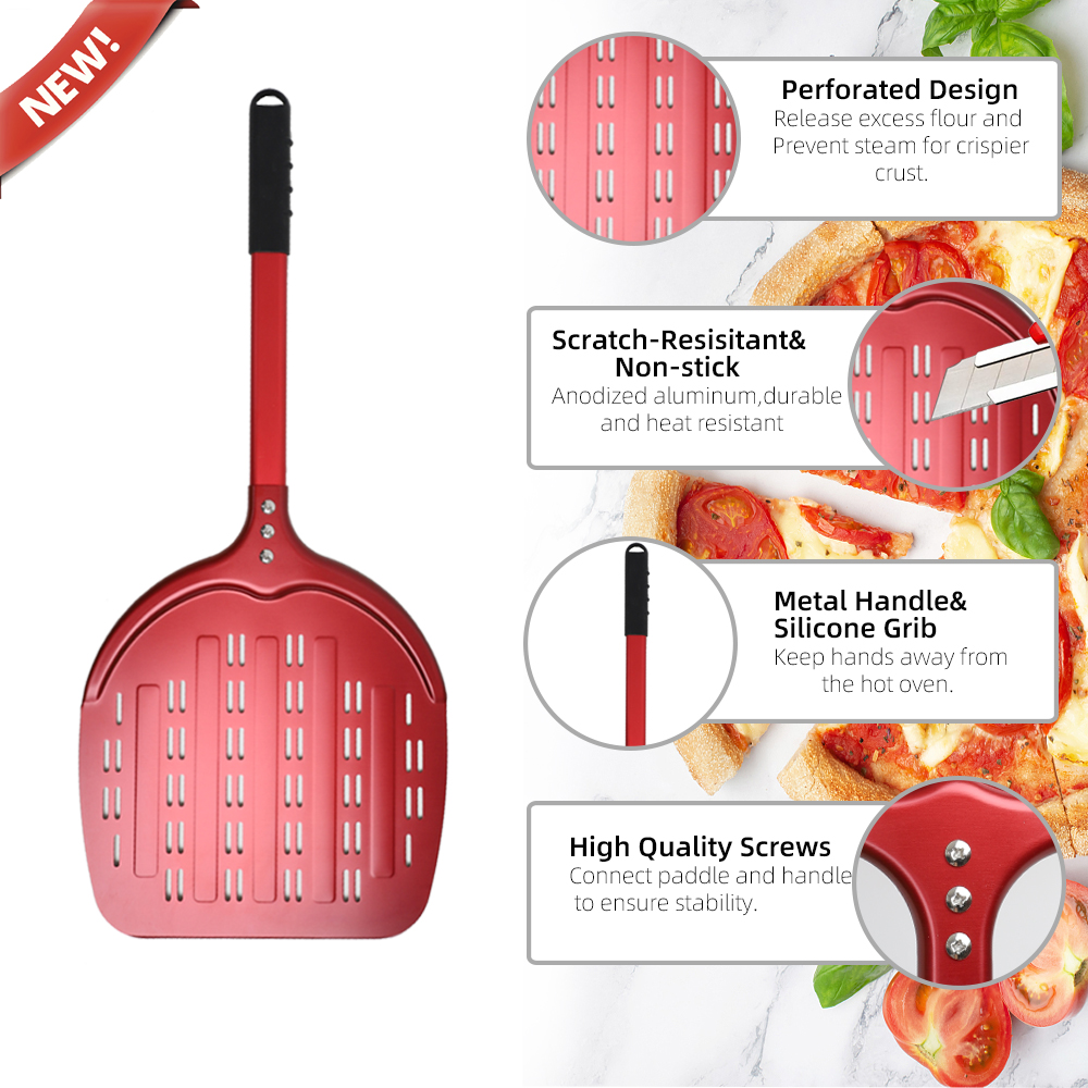 12 13 14 Inch Pizza Schil Lange Steel Draaien Aluminium Pizza Turner Anti-aanbak Bakken Tool Geperforeerde Peddel Keuken accessoire