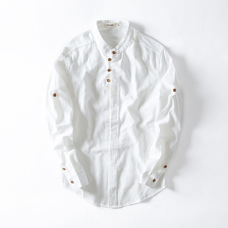Men's Cotton Linen Shirts Long Sleeve Casual Slim Chinese Mandarin Collar Shirts Men Business Cotton Dress Shirt: White / L