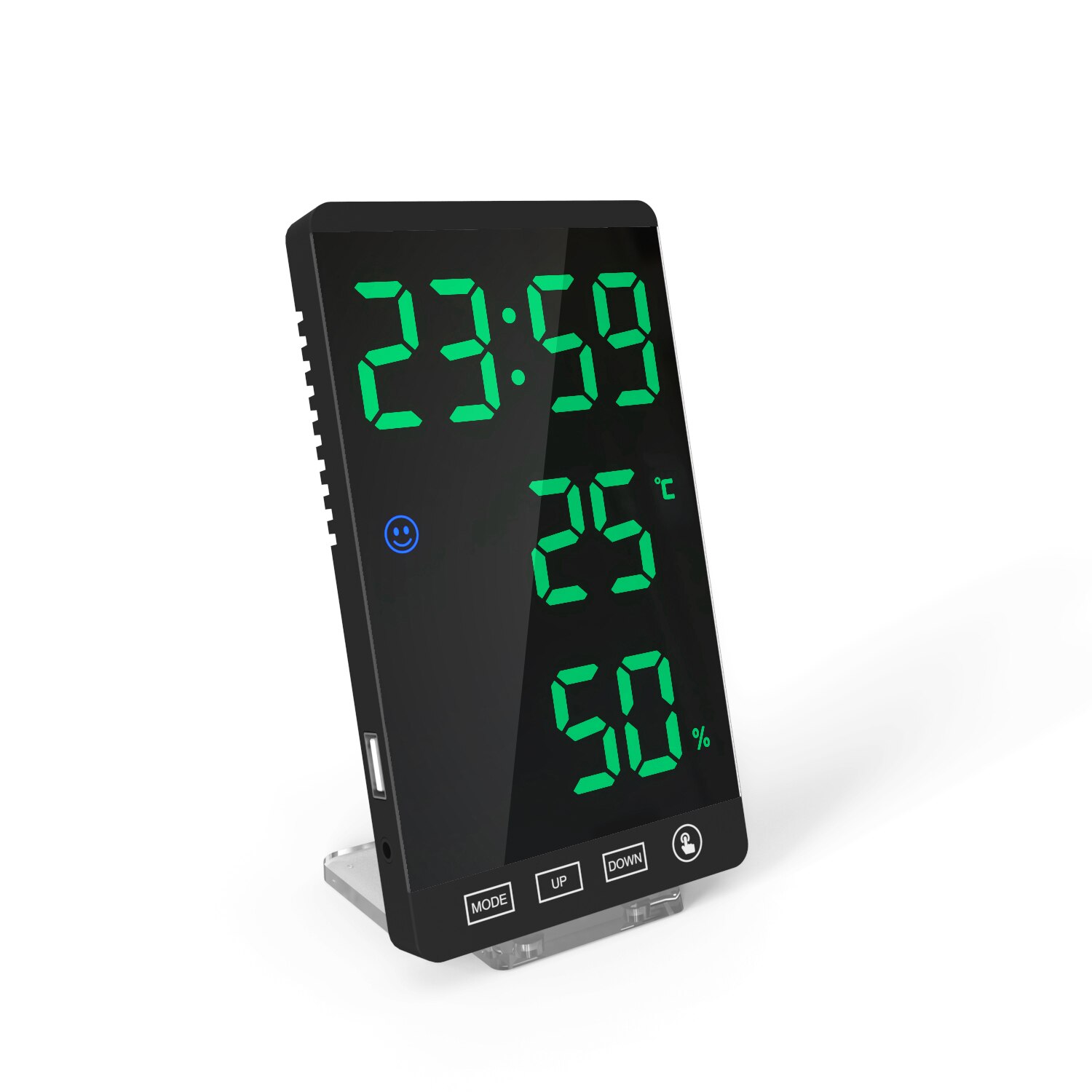 Touch screen LED digital alarm clock with with temperature and humidity meter 12/24 hours switch Dimmable clock: Green