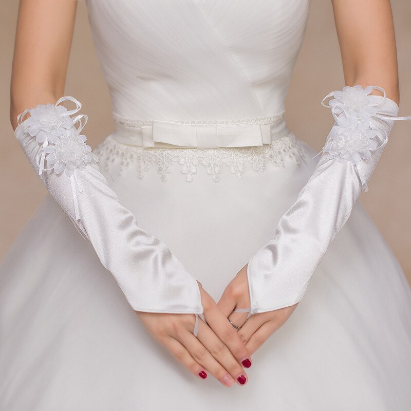 Mode Satijn Elbow Bridal Handschoenen Wit Sexy Bruids Handschoenen Bloem Vingerloze Bruiloft Accessoires