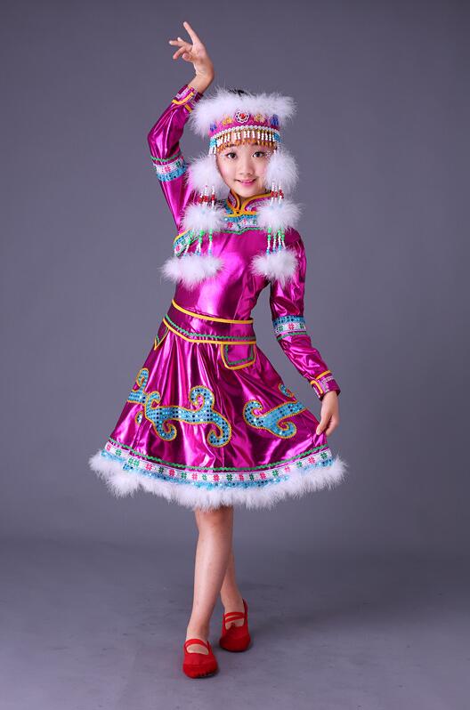 Con tocado niños Mongolia escenario chino baile popular disfraces Niñas Ropa de baile chino niños traje de baile tradicional: 110