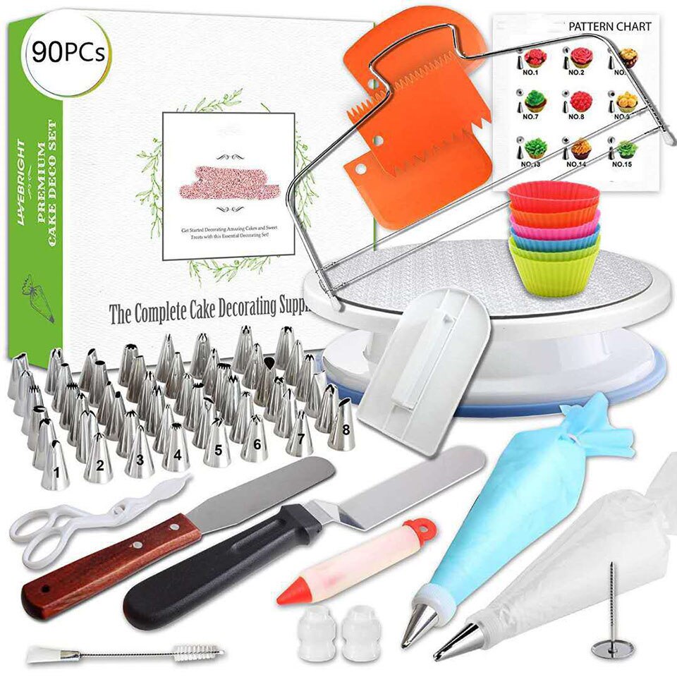 90Pcs Cake Turntable Stainless Steel Cake Tips Baking Supplies Pastry Bags Cake Leveler Cupcake Kits Icing Spatula for Beginners: Default Title