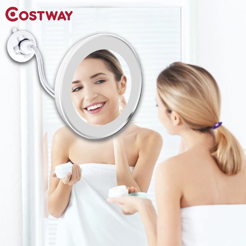 Costway LED Mirror Flexible Makeup Mirror with Led Light Mirrors 10X Magnifying Mirrors Light Cosmetic Miroir With Suction Cup