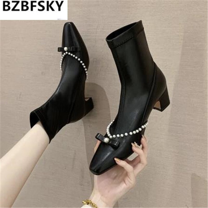 Bottines élégantes avec perles pour femmes, chaussures confortables à talons carrés, courtes en Pu, en plissage, collection automne-hiver: 36