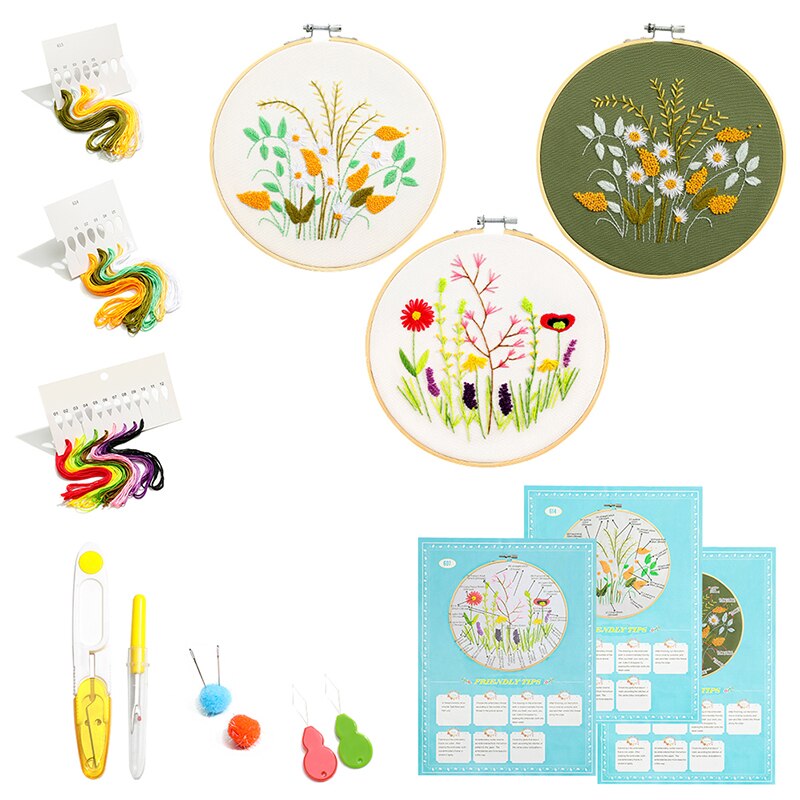 Embroidery Starter Kit with Pattern Stamped Including Embroidery Cloth with Pattern, Bamboo Embroidery Hoop Threads Needles Kit: Daisy