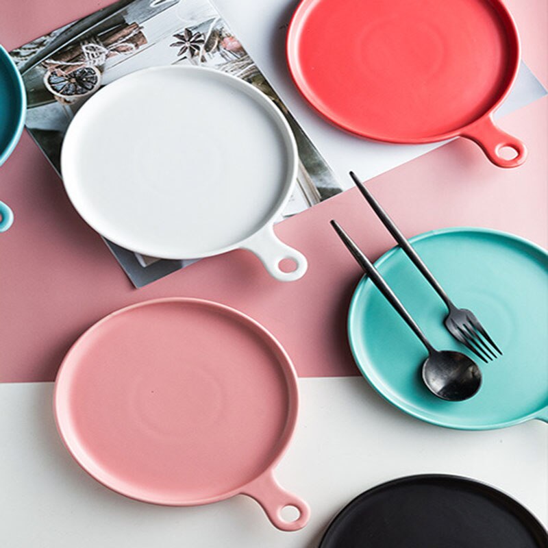 Ceramic Handle Baking Pan Pizza Baking Plate Western Steak Tray Dessert Tray Microwave Oven Flat Plate Kitchen Decor Dinnerware