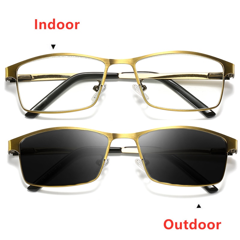 Gafas de lectura fotocromáticas para hombre, lentes de lectura fotocromáticas graduales multifocales de resina CR-39, antirayos azules, presbicia, marco de Metal, dorado, 1,5, 2,5